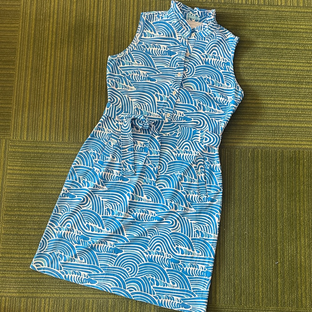 J. McLaughlin blue Wave Pattern Sleeveless Dress Catalina cloth size M